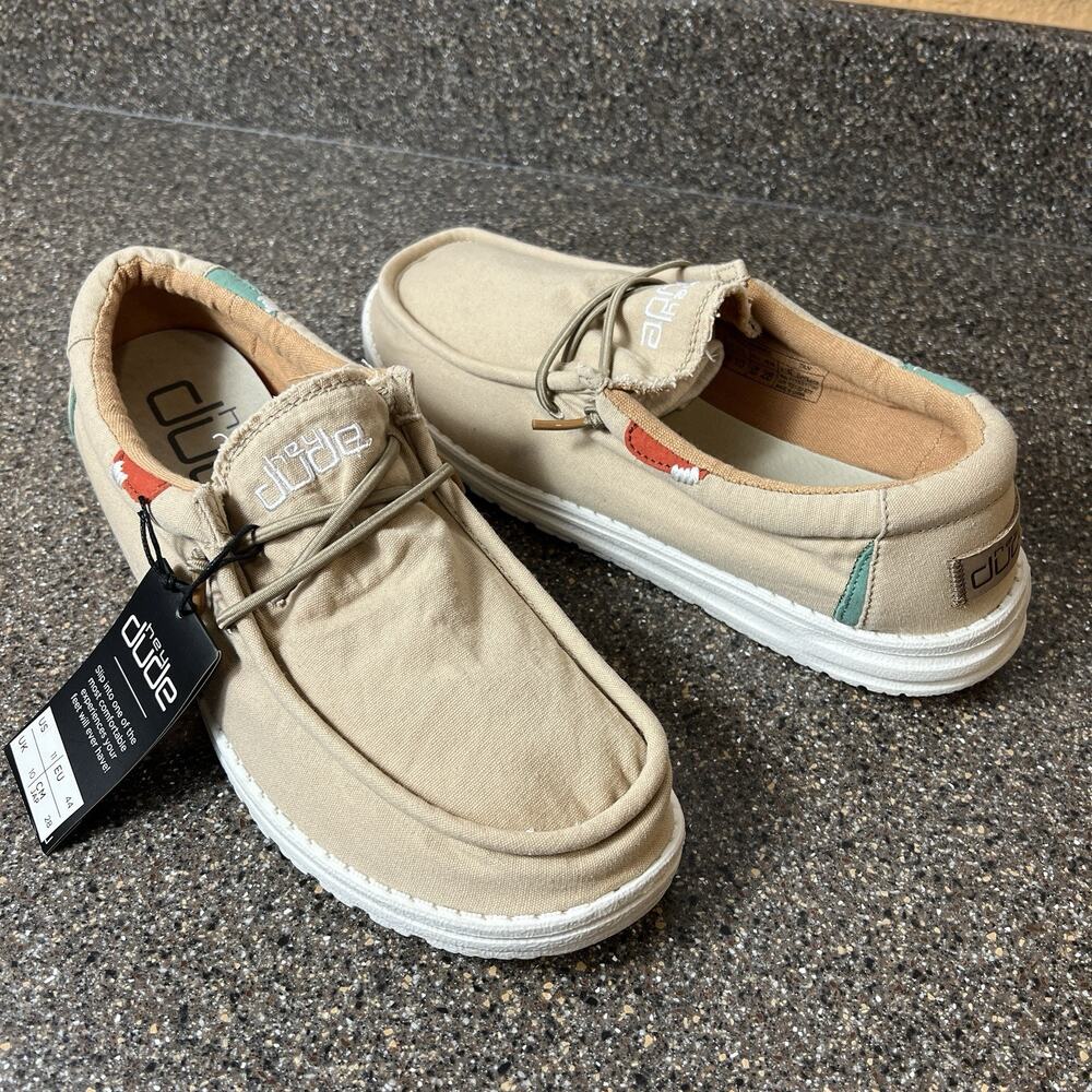 Hey Dude Wally Washed Mens Size 11 Tan Fabric Comfort Casual Walking Lace Up New